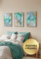 Set Of 3 Posters Watercolor Blue Real Gold + 3 Gold Metallic Frames 50x70cm